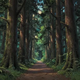 a path in an ancient forest, big and tall trees, evening light, soft light, serene atmosphere, photorealistic, studio ghibli, mysterious