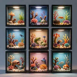 composition of nine square boxes with different micro creatures, diorama, front view, light mode, led lamps, coral reef, octane render, modigliani