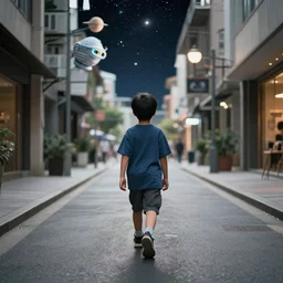 photo of a boy walking down a street in space