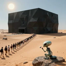 an enormous alien black geometric rectangle in the desert, a large line of people are walking toward it in a line! starting at the foreground and ending at the building, single file, in the foreground on a rock is an alien creature catching a fly with its tongue, two suns are in the sky, clear skies, volumetric light, hyperdetailed, artstation, cgsociety, 8k