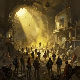 fallout shelter full of people, concept art, digital painting, trending on artstation, deviantart, epic composition, extremely detailed, volumetric lighting, masterpiece, octane render