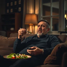 highly realistic photo, ambient lighting, dark colors, dutch guy eating an albert heijn salad on a couch