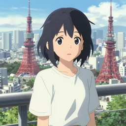 anime visual of a black haired boyish girl wearing shirts on top of tower sightseeing day cityscape by makoto shinkai, cute face by yoh yoshinari, katsura masakazu, detailed
