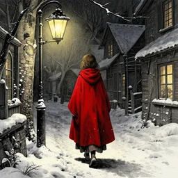girl in red cloak walks through snowy town by lamplight, detailed intricate ink illustration, dark atmosphere, detailed illustration, hd, 4k, digital art, overdetailed art, concept art, by greg rutkowski, by loish, complementing colors, Trending on artstation, deviantart