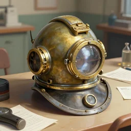 scientific photos of an old diving helm on a table researcher notes tags digital painting trending on artstation by wlop octane render