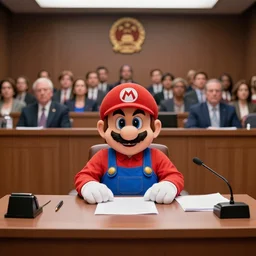 film still of super mario sitting at a desk testifying in a courtroom | a crowd of people sitting behind him in the new sci - fi movie