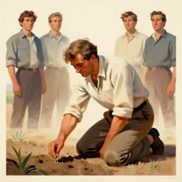 farmer kneeling down placing a seed in the ground, limited neutral palette, by petros afshar, anton fadeev, dean ellis, beautiful graphic full body portrait, propaganda poster art 1 9 7 0 s illustrated advertising art, painterly character design
