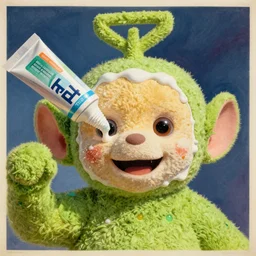 Blast of liquid toothpaste covering the Teletubbies\' face, big teeth smiling monster, toothpaste vintage advertisement poster printed CMYK ink coloured lithography