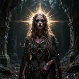 a portrait of a mysterious woman with leprosy in an enclosed dark damp liminal post apocalyptic space, unreal engine, ultra realism, atmospheric lighting, epic, magical feel, creepy, surreal