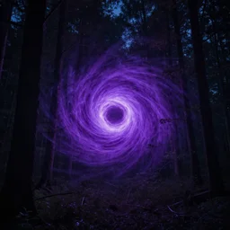 a purple interdimensional vortex appearing in the middle of a forest at midnight, high detail photograph, 4 k, 3 5 mm