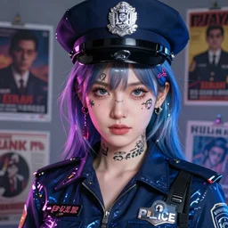 ! dream police officer girl very very anime!!! fine face, audrey plaza, realistic shaded perfect face, fine details. anime. realistic shaded lighting cyberpunk futuristic neon tattoos styled hair reflective puffy sheen film jacket decorated poster by ilya kuvshinov katsuhiro otomo ghost in the shell magali villeneuve artgerm jeremy lipkin michael garmash rob rey