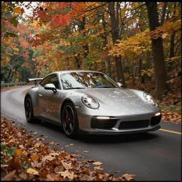 photo of a porsche driving through autumn leaves, photo, kodak portra 4 0 0, direct flash, cinematic lighting, anti aliasing