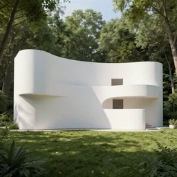 mansion in the forest, concept art, daylight, walls, curved walls design, multi store building, huge building, windows, photorealistic, modern architecture, pinterest, render, unreal engine, exterior