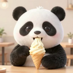 high quality 3 d render hyperrealist very cute lowbrow happy panda & cat hybrid eating ice cream, vray smooth, in the style of detective pikachu, very dramatic light, low angle, uhd 8 k, shallow depth or field