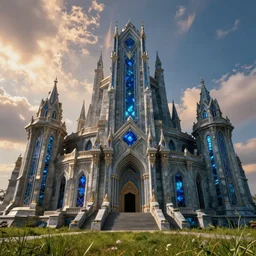 an imposing and highly ornamented fantasy medieval castle, carved from sapphire stone, cinematic view, epic sky, detailed, concept art, low angle, high detail, warm lighting, volumetric, godrays, vivid, beautiful, trending on artstation, by jordan grimmer, huge scene, grass, art greg rutkowski