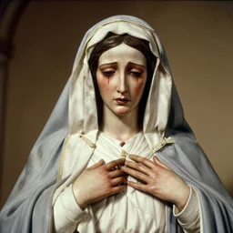 statue of mother mary crying blood, grainy vintage photograph