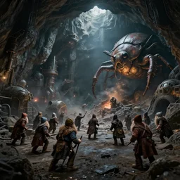 danger, darkness, dwarves, cave, mining, giant bugs, dystopian, high tech industrial, unreal, 4 k