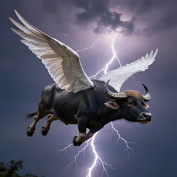 buffalo flying with white angelic wings on its back, photograph, beautiful lightning, 4 k