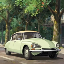 a wholesome animation key shot of!! one!! focused! 1 9 7 4 citroen ds! in a tree lined paris street, medium shot, studio ghibli, ( pixar ) and disney animation, sharp, very detailed, high resolution, rendered in unreal engine 5, anime key art by greg rutkowski, bloom, dramatic lighting
