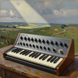 painting of a moog modular synthesizer, 1970s album cover art by Roger Dean
