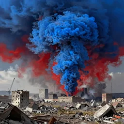 politics, destroyed landscape and buildings, dystopian, war, real, bright blue smoke, red clouds, detailed, award winning, masterpiece