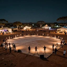 festival dancefloor in the desert, clean, celebration, party, night time australian outback, parks, recreation, village, high technology, biomimetic, urban planning, XF IQ4, 150MP, 50mm, F1.4, ISO 200, 1/160s, sunset