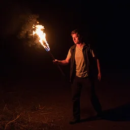 man bringing fire with torch into darkness