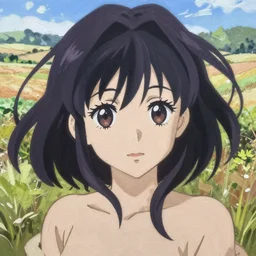 Painting of grown-up Velma Dinkley in the style of Violet Evergarden, beautiful anime art style, winged eyelashes, countryside, calm, fantasy character portrait, dark outlines, dynamic pose, above view, sunny day, artwork by Makoto Shinkai, very coherent asymmetrical artwork, sharp edges, perfect face, simple form, 100mm