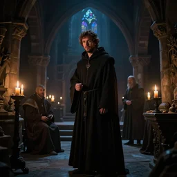 jesse eisenberg as an enigmatic medieval christian ( ( monk ) ) in a dark underground city. dark shadows, colorful, candle light, law contrasts, ( ( backlight photo sample ) ) ) fantasy concept art by jakub rozalski, jan matejko, and j. dickenson