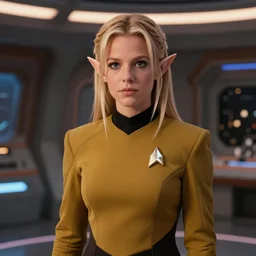 4K anime video of young attractive high-fantasy elf (played by Britney Spears) in a Starfleet uniform in Star Trek, scene where she is on Deep Space Nine, soft light, cinematic lighting, sharp