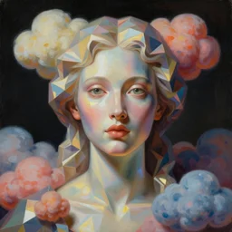 baroque neoclassicist sci - fi close - up portrait of an iridescent geometric woman in colorful puffy cartoon clouds. reflective detailed textures. studio lighting, dark background. highly detailed fantasy science fiction painting by, moebius, norman rockwell, frank frazetta, and syd mead. high contrast. artstation