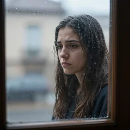 a photo of a sad spanish girl looking through the window on a rainy day