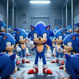 Chris-Chan in jail with a large number of sonic the hedgehogs pointing and laughing at him