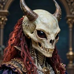 cinematic lighting, hyper realism, ultra detailed, octane render, highly detailed, trending on artstation, james jean, rococo, sharp focus, vivid, tom bagshaw, hyper detailed, 8 k, a portrait of a alien creature skull devil animal illustrated by miyazaki by karol bak