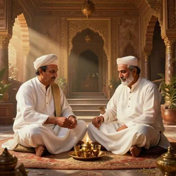 baithak and chai, painting by salman toor, unreal engine highly rendered, global illumination, radiant light, intricate environment