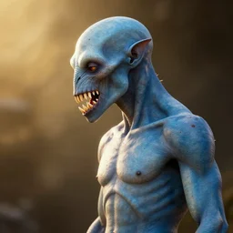 a sentient humanoid from a newly discovered planet. it's pointed jaws feature large canine teeth and it's throat is covered in spiny teeth, it's smooth light blue skin is punctuated by brown freckles, and subtle creases, it is an adult male with a hunter gatherer physique, he had gone 3 days without food, portrait photograph, 3 / 4 profile, glancing down in thought, volumetric lighting, golden ratio composition, strong backlight, poster, highly detailed, sharp focus, bokeh, hyperrealism