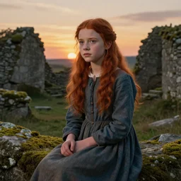 a well - lit, realistic portrait painting of a thoughtful girl resembling a young, shy, redheaded irish alicia vikander or millie bobby brown wearing peasant dress in moss - covered ancient stone ruins at sunset, highly detailed, intricate, concept art, artstation, by donato giancola, ron cobb, and william adolphe bouguereau