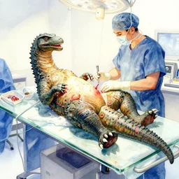 kaiju reclined on massive glass table recieving total gastrectomy surgery in detailed watercolor by daniel brereton