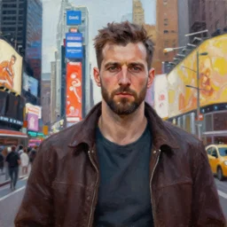 times square cinematic shot, oil painting by jama jurabaev, extremely detailed, brush hard, artstation, for aaa game, high quality, brush stroke