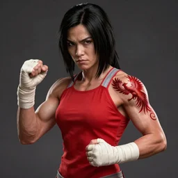 a realistic portrait of korra, muscular, wearing red attire, bandage taped fists, medium length black hair, red phoenix tattoo on back, serious, style by donato giancola, wayne reynolds, jeff easley dramatic light, high detail, cinematic lighting, artstation, dungeons and dragons