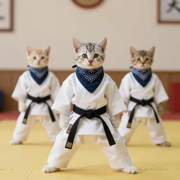 kittens wearing a bandana doing karate in a dojo