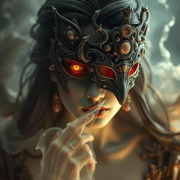 woman portrait, face, foreground, volumetric, wearing a carved half mask with mineral incrustations, godness, ethereal, evil, elements, baroque, rococo, ink, tarot card enviromet, cinematics lights, detailed, intricate illustration, octane render, fractal, fine art by marc simonetti & peter mohrbacher