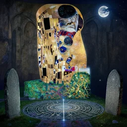 ancient overgrown! ruins, medieval gates, runestones, mysetrious etherial mesmerizing runic!! cat eyes, magical elven geometry, concept art by gustav klimt!!, deviantart contest winner, environmental art, fairy circle, lit by moonlight!!, high detail, intricate masterpiece