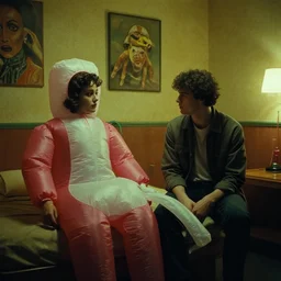 still from a 1991 arthouse film about a depressed housewife dressed as a squishy inflatable toy who meets a handsome younger man in a seedy motel room, color film, 16mm soft light, weird art on the wall