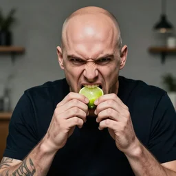 angry bald swedish man biting into a raw lime on live camera