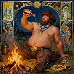 a dramatic, epic, ethereal painting of a !!!handsome!!! thicc chunky beefy mischievous shirtless with a big beer belly wearing a large belt and bandana offering a whiskey bottle | he is a !cowboy! short beard relaxing by a campfire | background is a late night with food and jugs of whisky | homoerotic, rugged | stars, tarot card, art deco, art nouveau, mosaic, intricate | by Mark Maggiori (((and Alphonse Mucha))) | trending on artstation