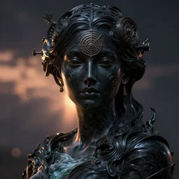 epic illustration, digital abstract sculpt of beautiful female face and black swirling latex acrylic portrait, black latex sculpt, river, close up portrait, mechanical superstructure, sacred geometry, glowing edges, magic hour, beautiful light, sculpture of carving marble, dark colors, dark mood, one point light, clockwork, epic matte painting, concept art, bokeh, digital painting, artstation