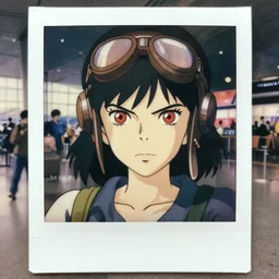 a polaroid full body portrait of an angry 1 9 5 0's aviator disney style girl, red eyes, finely detailed features, closeup at the faces, perfect art, in the airport yard, gapmoe yandere grimdark, trending on pixiv fanbox, painted by greg rutkowski makoto shinkai takashi takeuchi studio ghibli, akihiko yoshida,
