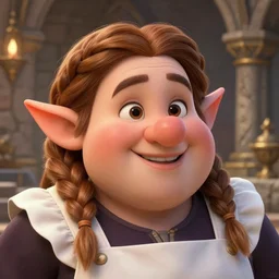 A cheerful chubby female dwarf royal maid in the dwarven stone palace, highly detailed face, neat intricate complex braided hair, big nose, realistic, beautiful, fantasy art, dungeons and dragons, lord of the rings, in the style of Thomas Kinkade and Wojciech Siudmak, pleasant cozy atmosphere, illustration, fantasy, intricate, hyper detailed, artstation, concept art, smooth, sharp focus, ray tracing, vibrant