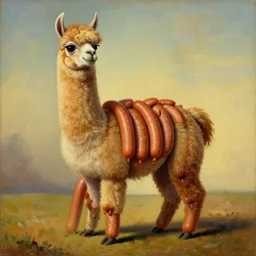 a surrealist dadaist funny detailed painting of a llama made out of frankfurter sausages. the llama is made out of sausages. in the style of salvator dali